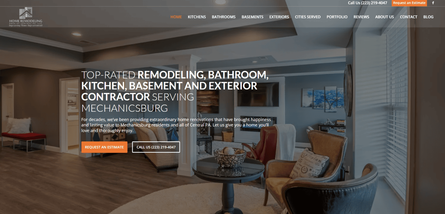 A home remodeling website homepage featuring a modern living room with neutral décor, a dining area, and large windows. Overlay text highlights Kitchen Remodeling services alongside updates for bathrooms, basements, and exteriors.