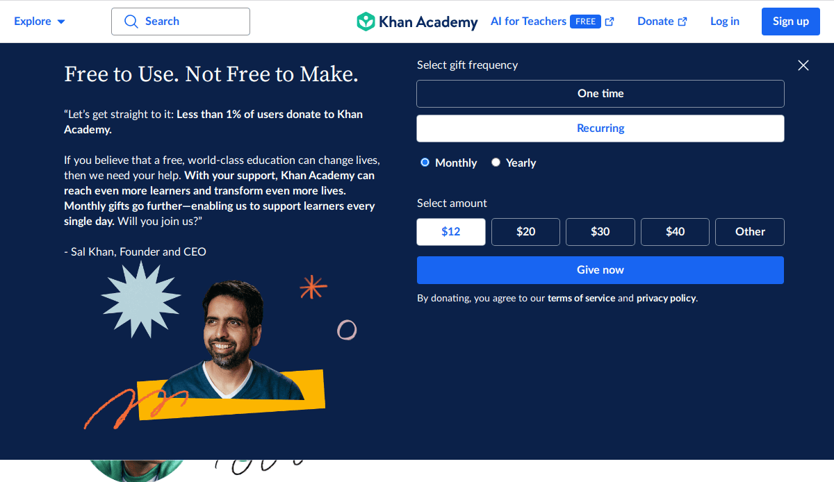 Khan Academy’s donation page, a prime example of user-focused sites and education website design in 2025, features a quote from Sal Khan, preset donation amounts ($12-$40), donation frequency choices, a “Give now” button, and Sal Khan’s smiling photo.