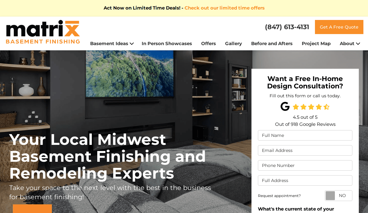 A modern living room with a large TV, shelves, and gray couches is shown. Text promotes Matrix Basement Finishing, highlighting their kitchen portfolio, in-home design consultations, contact form, phone number, and positive Google reviews.