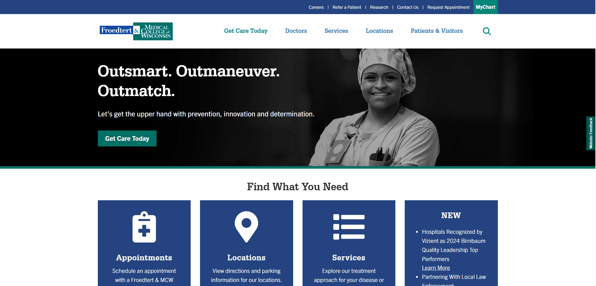 Homepage of Froedtert & the Medical College of Wisconsin, featuring a smiling medical professional in scrubs and chef’s hat. Modern healthcare website design, user-friendly navigation, and easy access to appointments help build patient trust.