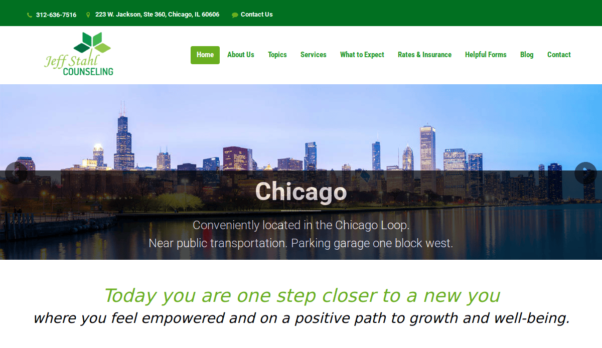 Screenshot of Jeff Stahl Counseling website featuring the Chicago skyline at dusk, contact info, navigation menu, and text highlighting the counseling offices’ convenient Chicago Loop location and focus on personal growth and therapy services.