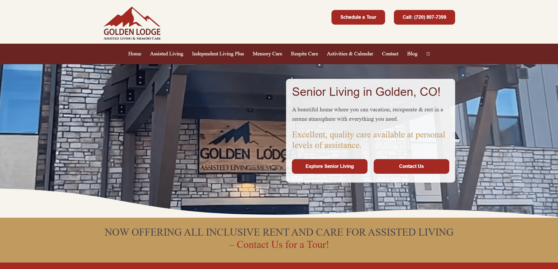 Screenshot of the Golden Lodge Assisted Living homepage, highlighting modern website design with the building entrance, navigation menu, contact buttons, and a banner that promotes senior living and all-inclusive rent and care.