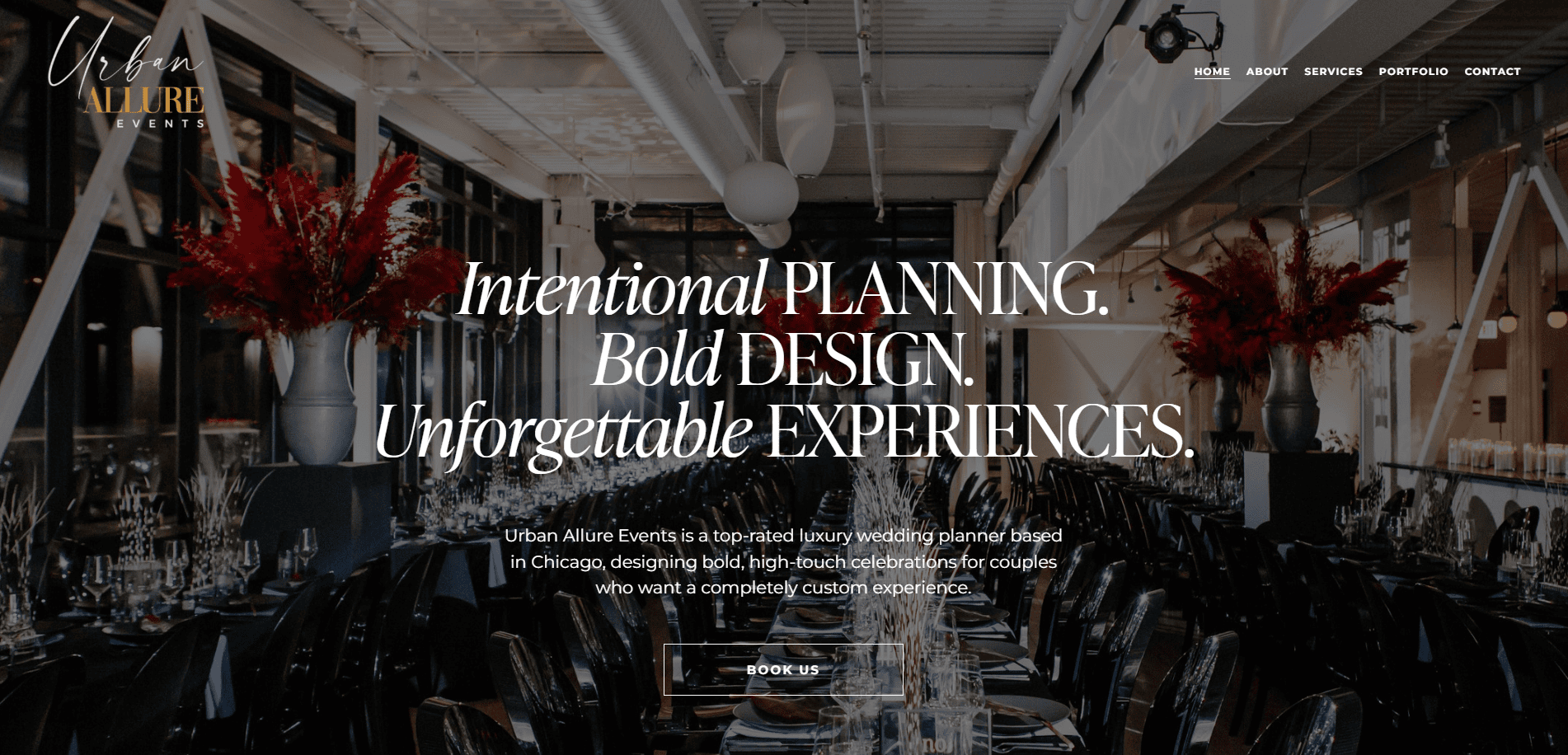 A luxurious event space with elegant table settings, dramatic lighting, red floral centerpieces, and Urban Allure Events branding overlaid with text about planning, design, and high-converting websites. A navigation menu appears at the top.