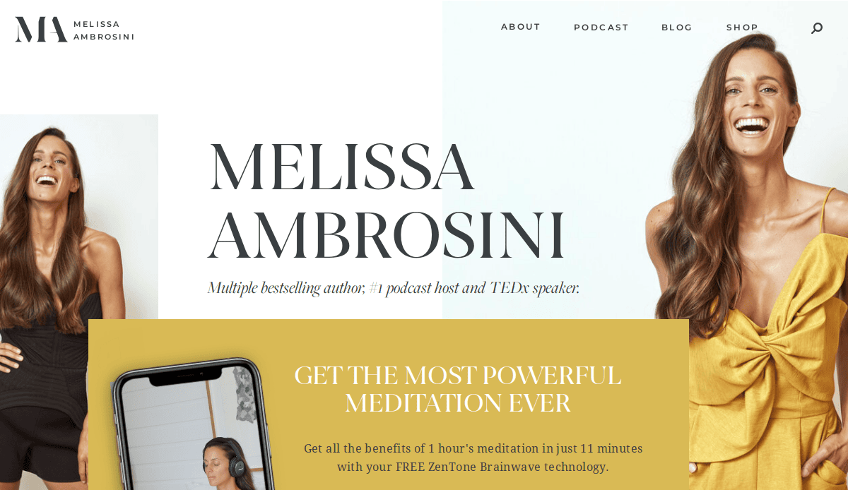 Screenshot of Melissa Ambrosinis life coach website, featuring her name, author and speaker description, navigation links, and two smiling photos. A phone mockup displays a meditation offer with ZenTone Brainwave technology to help fix losing clients.