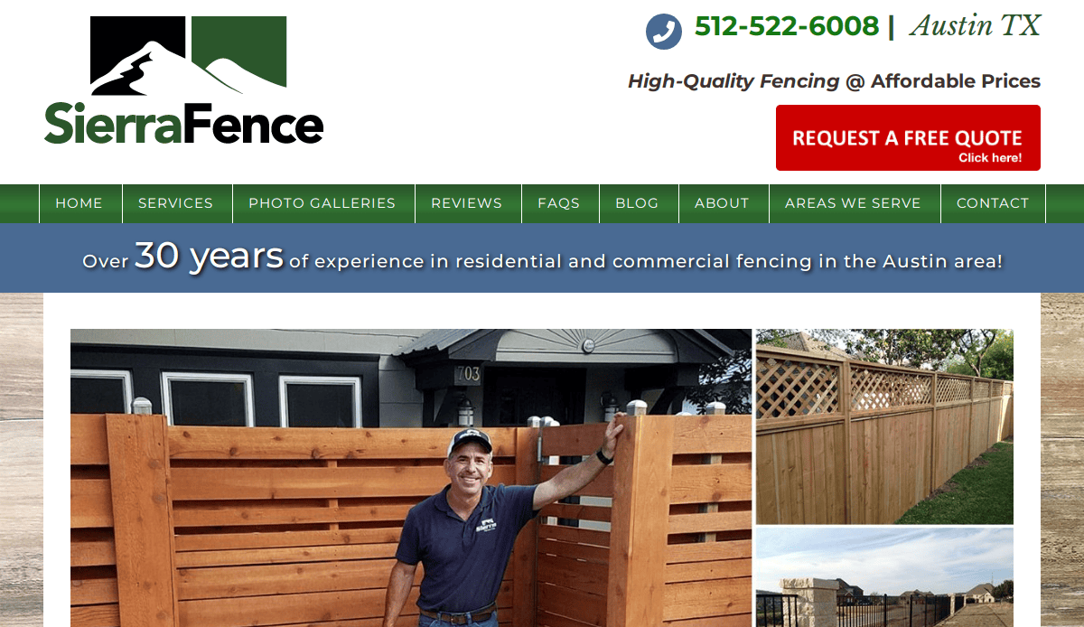 Screenshot of Sierra Fences fence service website featuring a logo, contact info, and images of wooden fences. A salesperson in a blue shirt and cap stands by a wooden fence, promoting residential and commercial fencing services.