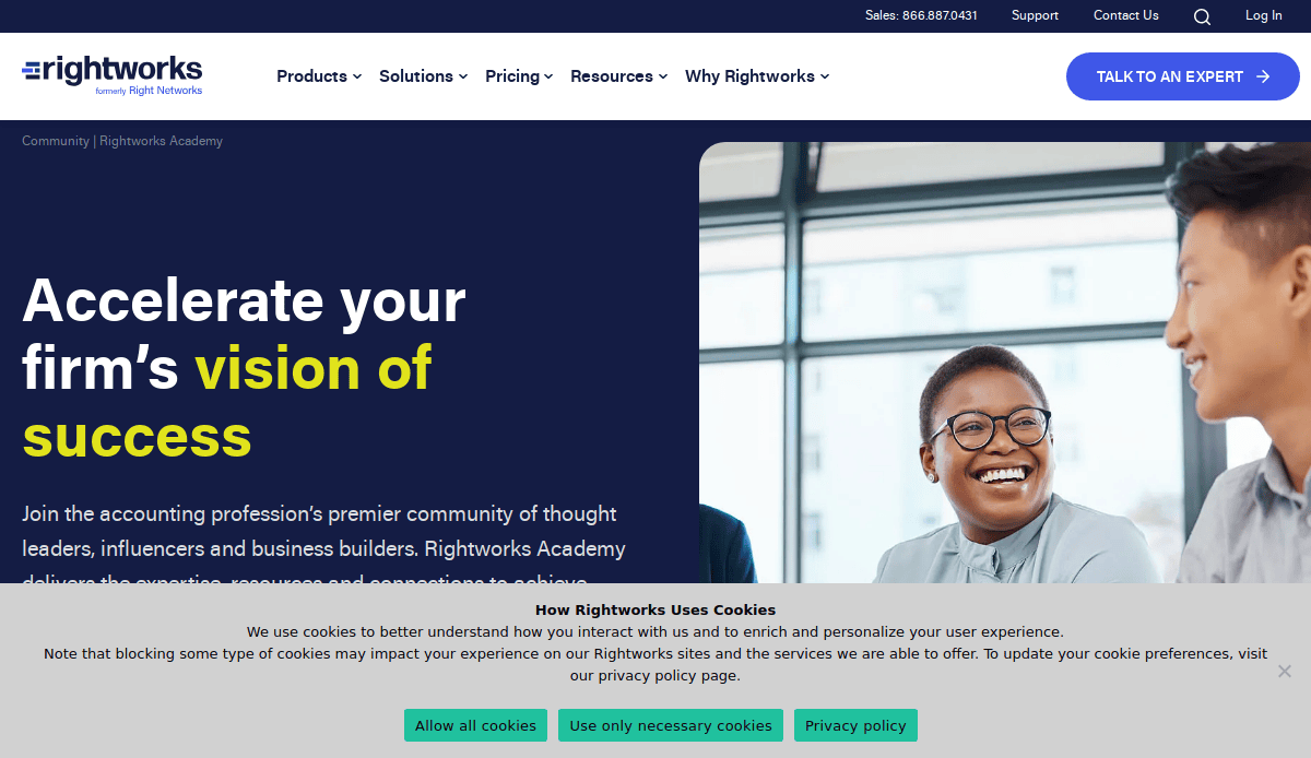 Homepage of Rightworks, a high-performance CPA website, featuring a banner with Accelerate your firm’s vision of success next to two smiling professionals. A cookie consent notification appears at the bottom of the screen.