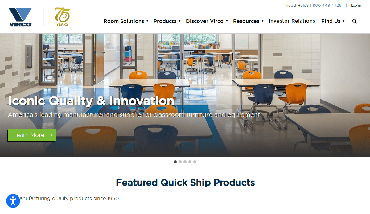 A classroom with colorful chairs and tables is shown on the Virco manufacturing website, highlighting their 75th anniversary and slogan, Iconic Quality & Innovation for classroom furniture products.