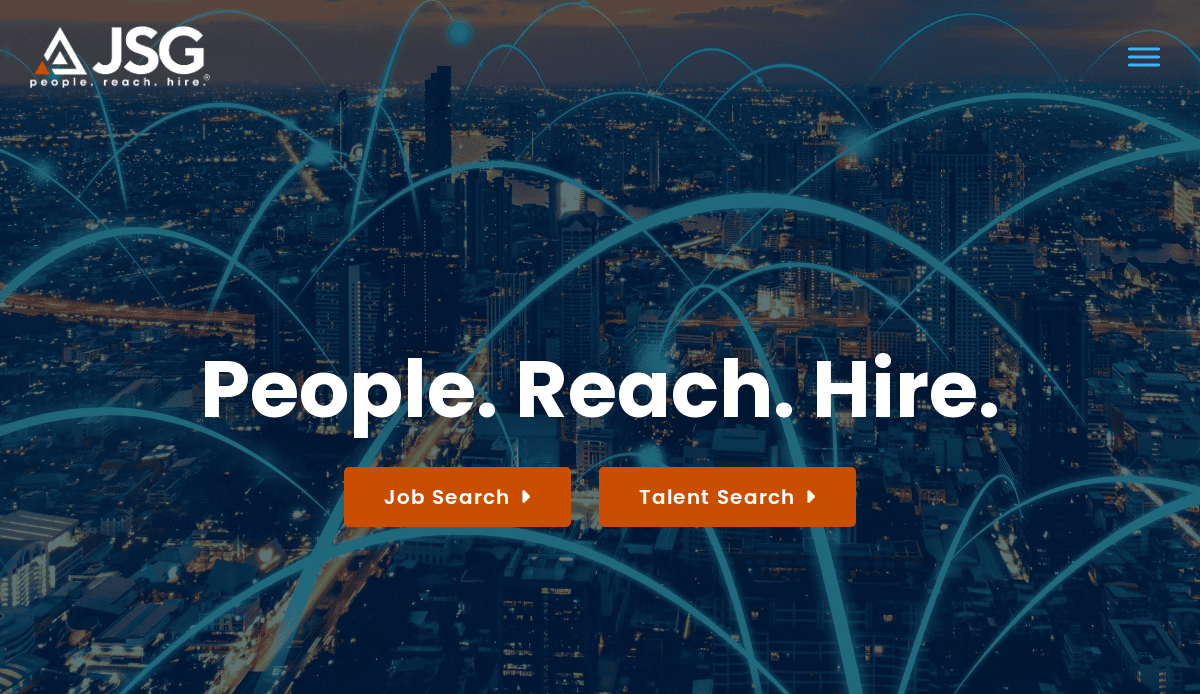 A city skyline at dusk with digital network lines overlaid. The JSG logo is in the top left, and large text reads People. Reach. Hire. with Job Search and Talent Search buttons below—perfect for a recruitment agency website design.