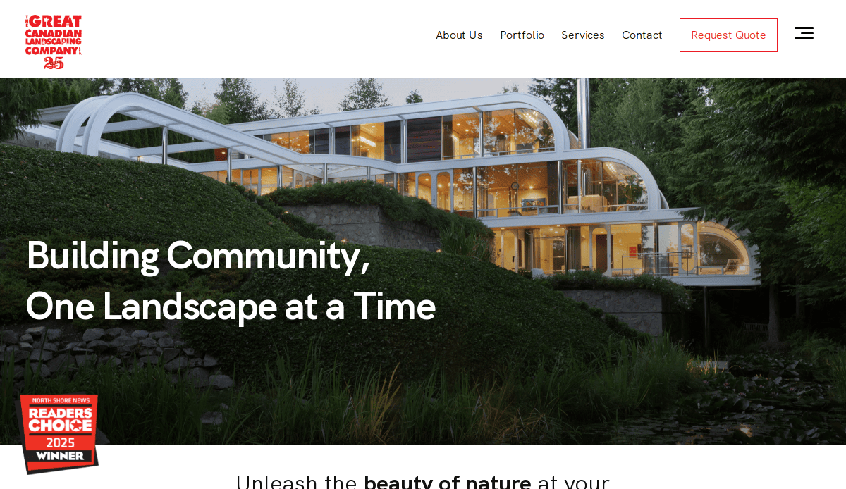 A modern, glass-walled house surrounded by lush greenery at dusk showcases expert landscape design, with the text Building Community, One Landscape at a Time and a 2023 Readers Choice Winner badge in the foreground.