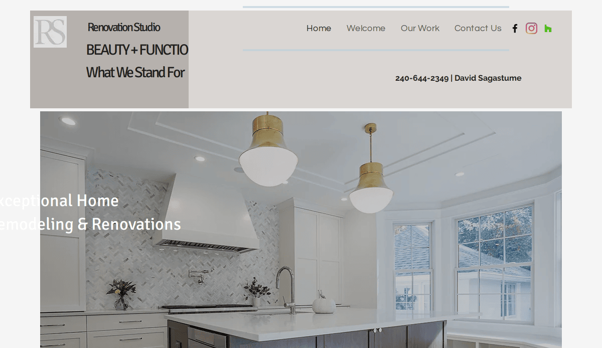 A website header for Renovation Studio features menu options, contact info, and social links above a bright, modern kitchen remodeling scene with white cabinets, marble backsplash, pendant lights, and large windows.