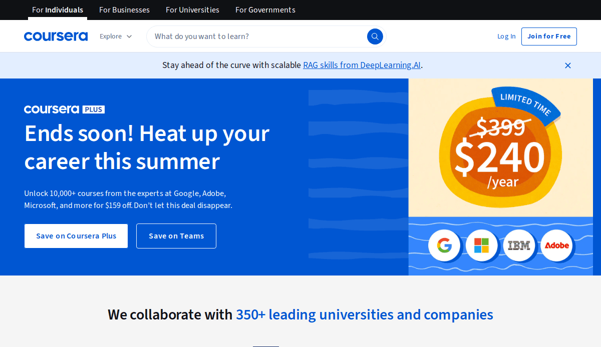 Coursera promotion banner for 2025 features a user-focused site design: $240/year, save $159 on Coursera Plus. Blue background, white and orange text, Google, Meta & IBM logos, and “Join for Free” button in the top right corner.