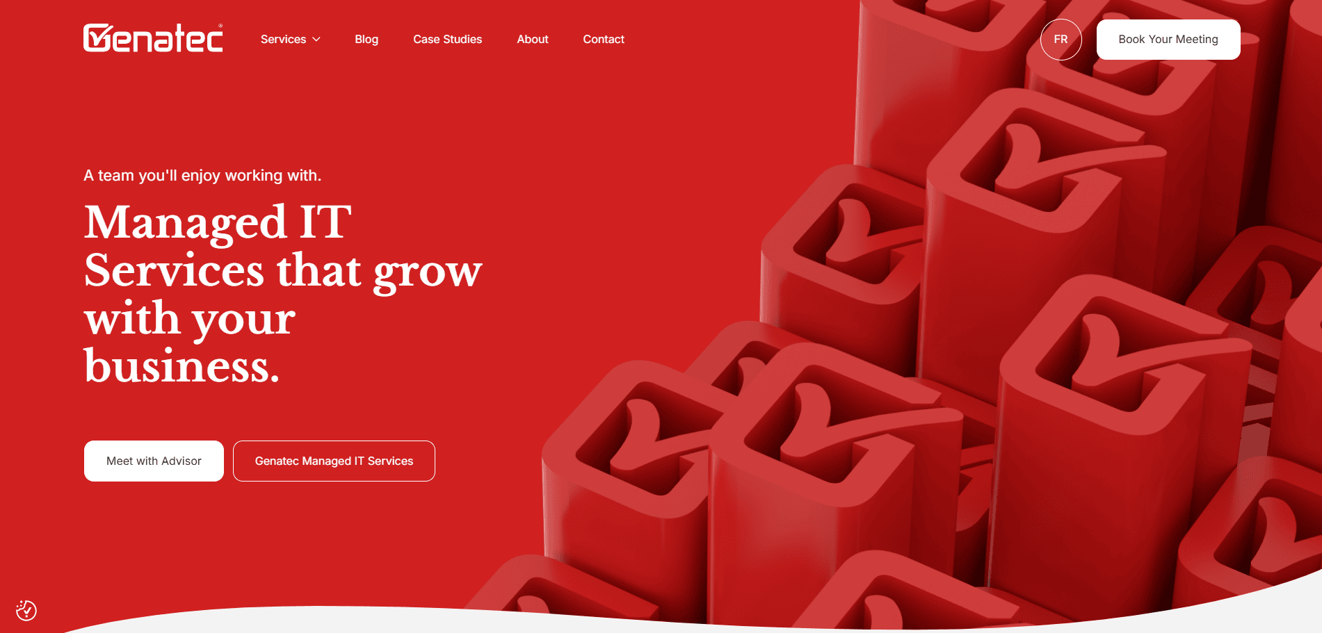 Website homepage of Genatec featuring a red background with stacked 3D Genatec logos, bold white text promoting managed IT services, and navigation buttons—an example of modern MSP website design—for booking meetings or exploring services.