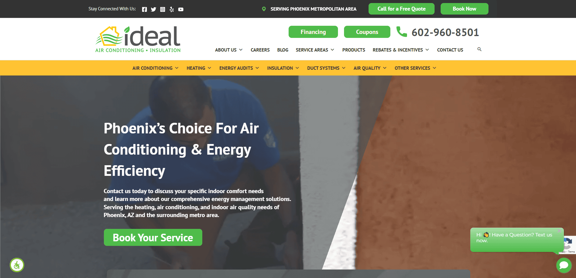 Screenshot of Ideal Air Conditioning & Insulation’s high-converting website homepage, showcasing web design tailored for local service companies with a service offer, contact info, “Book Your Service” button, and Phoenix-area HVAC navigation.