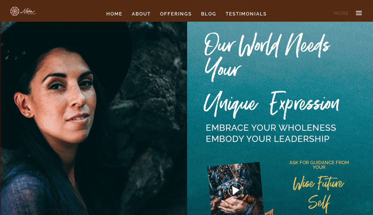 A woman with long dark hair and a black hat stands next to a teal background with white text reading, “Our World Needs Your Unique Expression. Embrace your wholeness, embody your leadership”—perfect for a life coach website looking to fix losing clients.