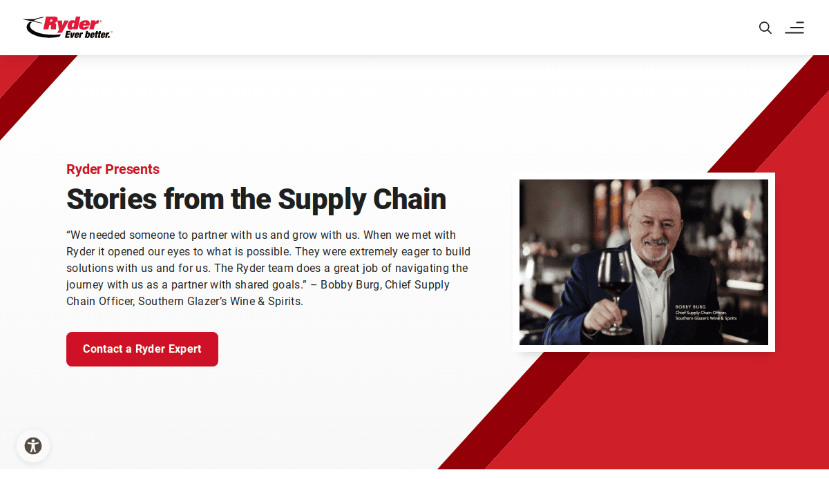 A Ryder webpage titled Stories from the Supply Chain features a testimonial from Bobby Burg, Chief Supply Chain Officer at Southern Glazer’s Wine & Spirits, highlighting their high-performing online presence, alongside his photo holding a glass of red wine.
