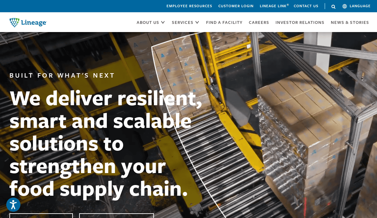 A high-performing warehouse interior with stacked pallets, conveyor belts, and yellow safety rails. Text on the image reads: We deliver resilient, smart and scalable solutions to strengthen your food supply chain.