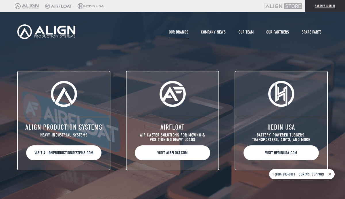 Website homepage featuring three panels for Align Production Systems, Airfloat, and Heidin USA, each with logos, descriptions, and call-to-action buttons; a modern Manufacturing Website Design with industrial equipment in the background.