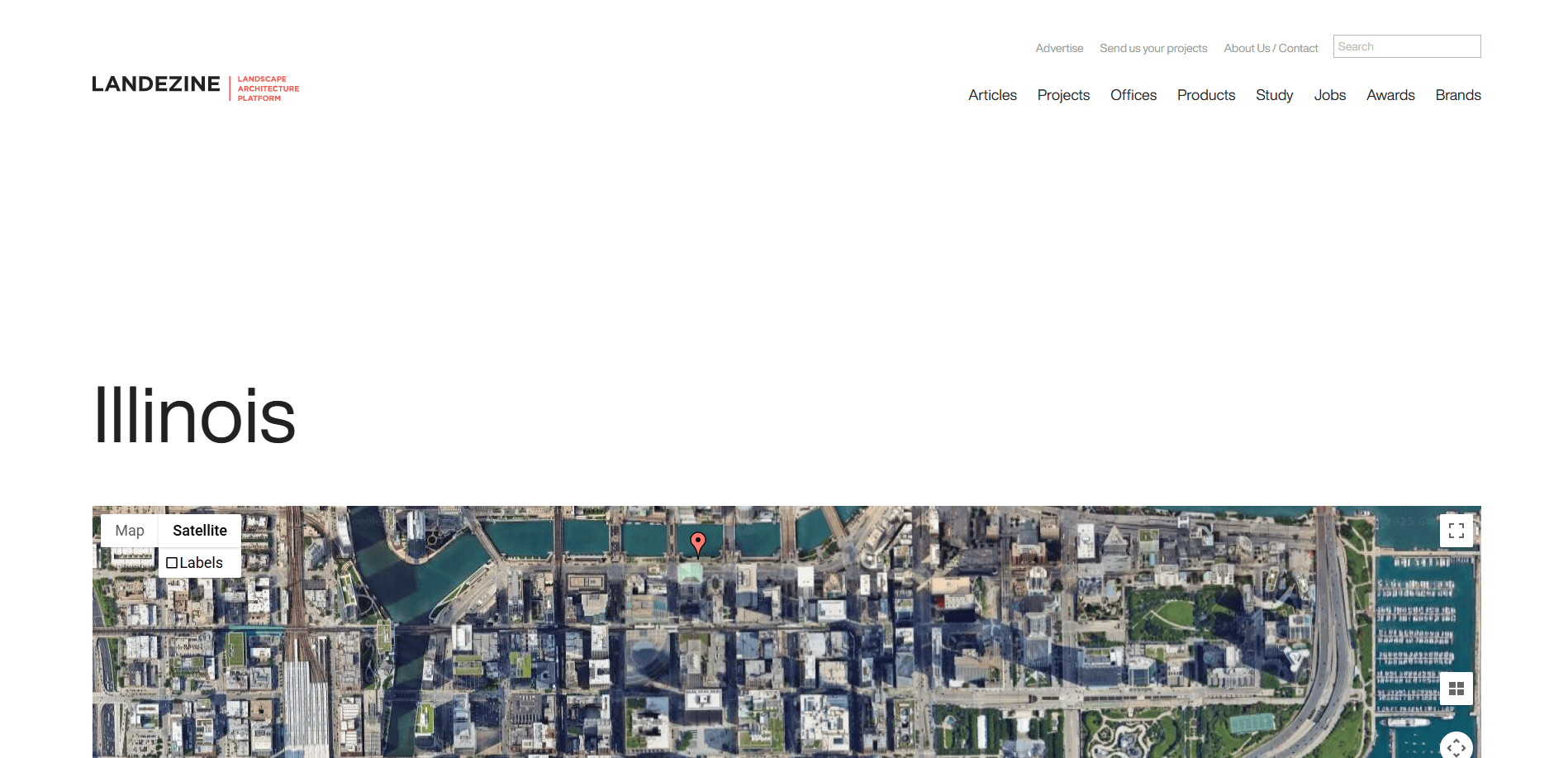 Aerial satellite view of a cityscape in Illinois, showcasing buildings, streets, green spaces, and water bodies—perfect inspiration for landscape design. The website header features navigation links and the title Illinois.