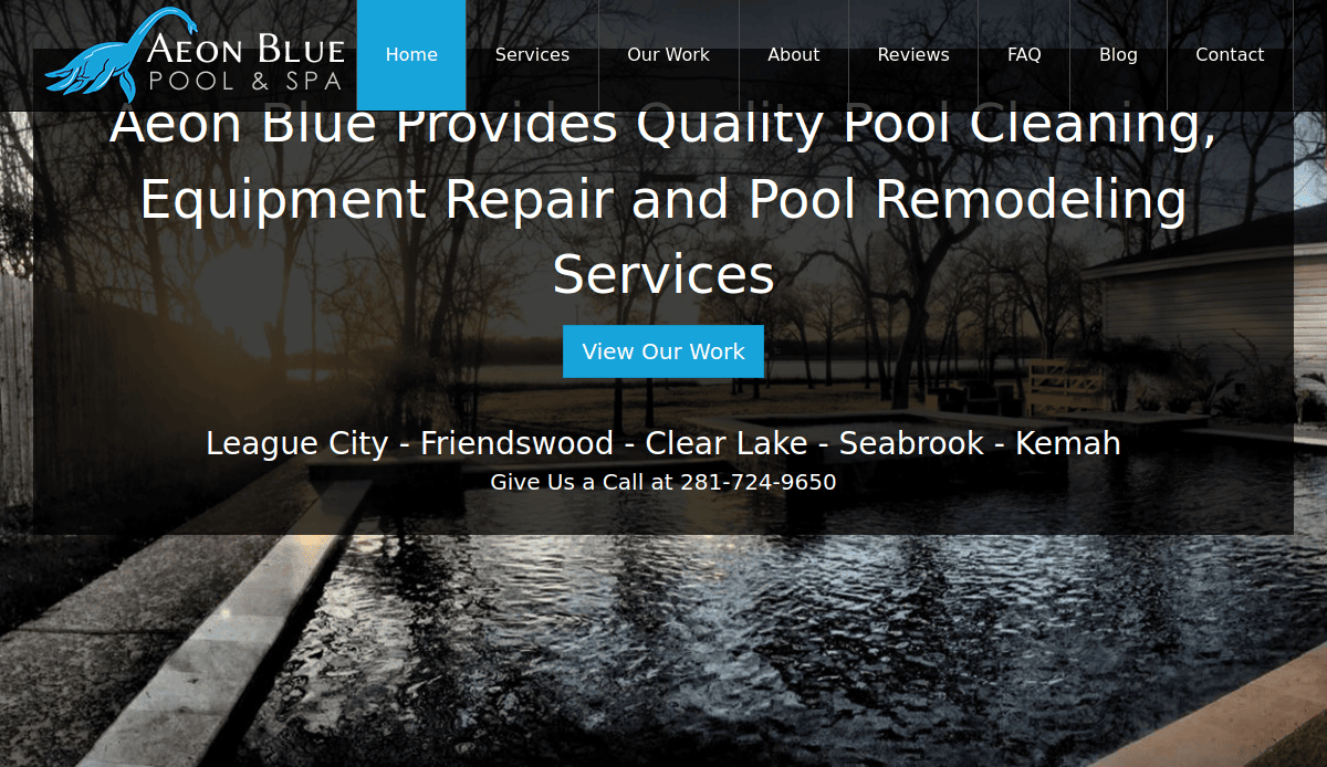 Website homepage for Aeon Blue Pool & Spa showcases stunning website design with a sunset over a backyard pool, menu options at the top, and a blue View Our Work button centered above a reflection in the water.