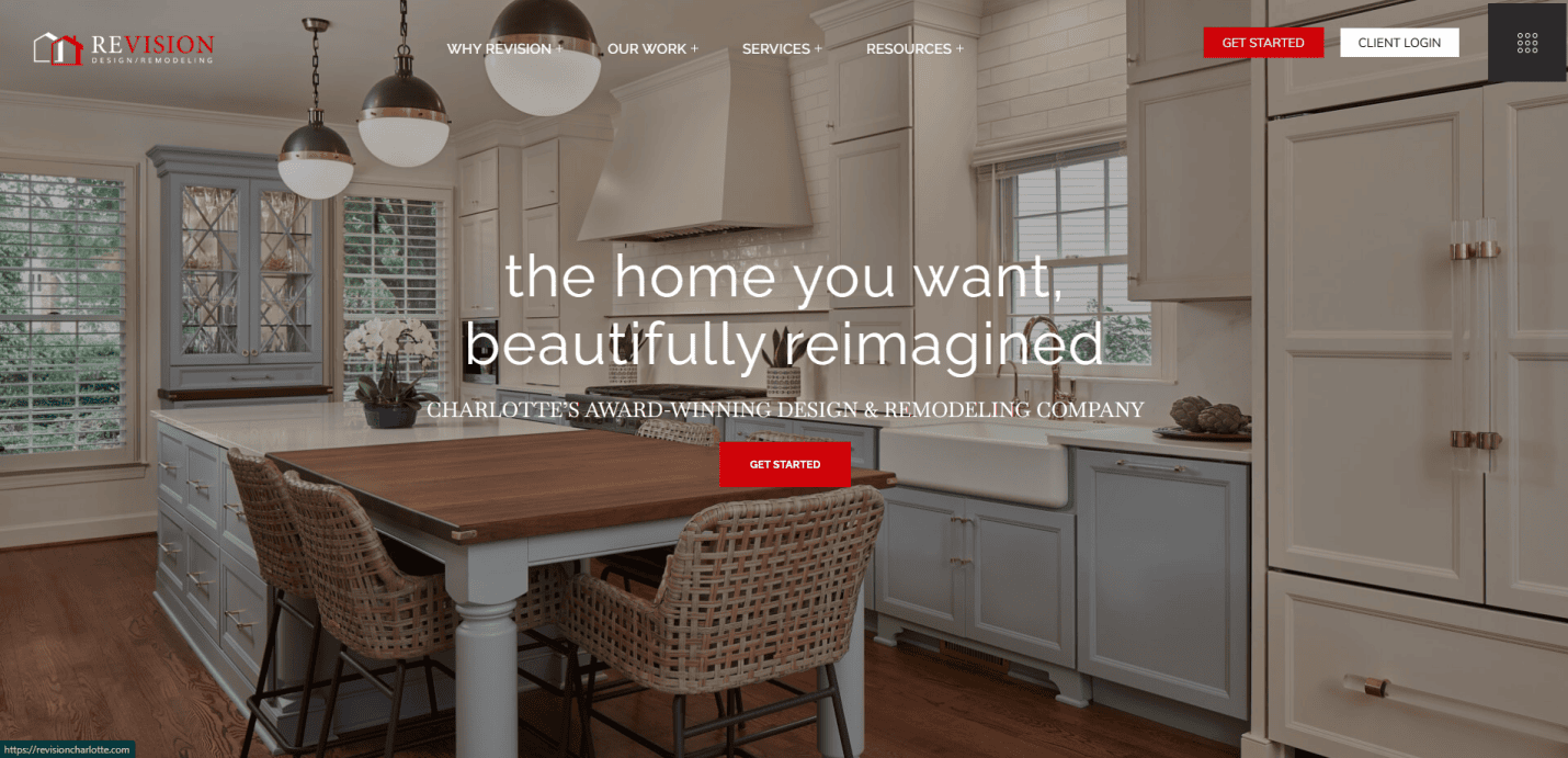 A bright, modern kitchen with white cabinets, wood countertops, rattan barstools, and large windows. Text overlay reads: the home you want, beautifully reimagined. Visit our kitchen remodeling website—Charlotte’s award-winning design & remodeling company.