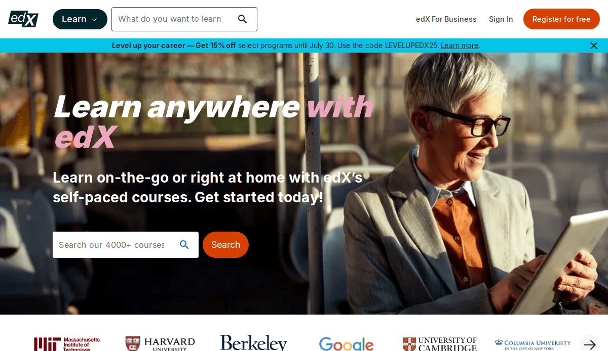 A smiling older person with short gray hair and glasses uses a tablet outdoors. The user-focused edX education website design promotes online courses for 2025 with the text “Learn anywhere with edX” and features a course search bar.