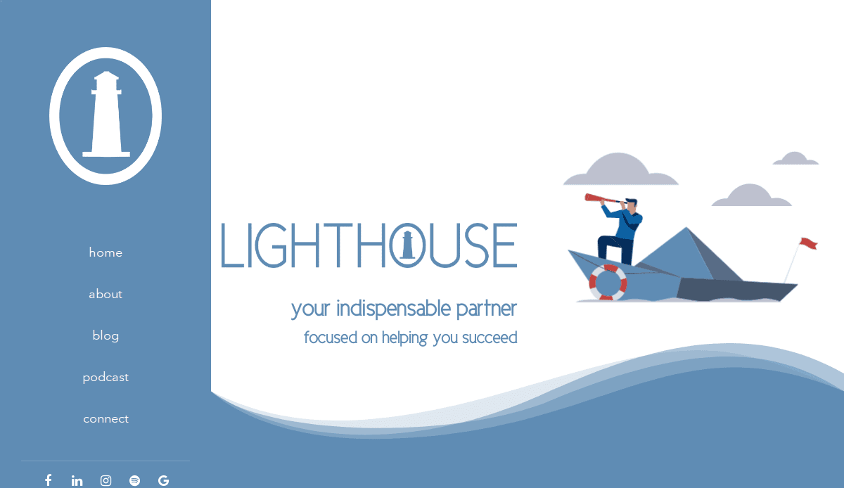Website homepage with a blue and white theme features a lighthouse logo, navigation menu, and an illustration of a man with a telescope on a paper boat. Ideal for MSP website design, the text reads LIGHTHOUSE, your indispensable partner.