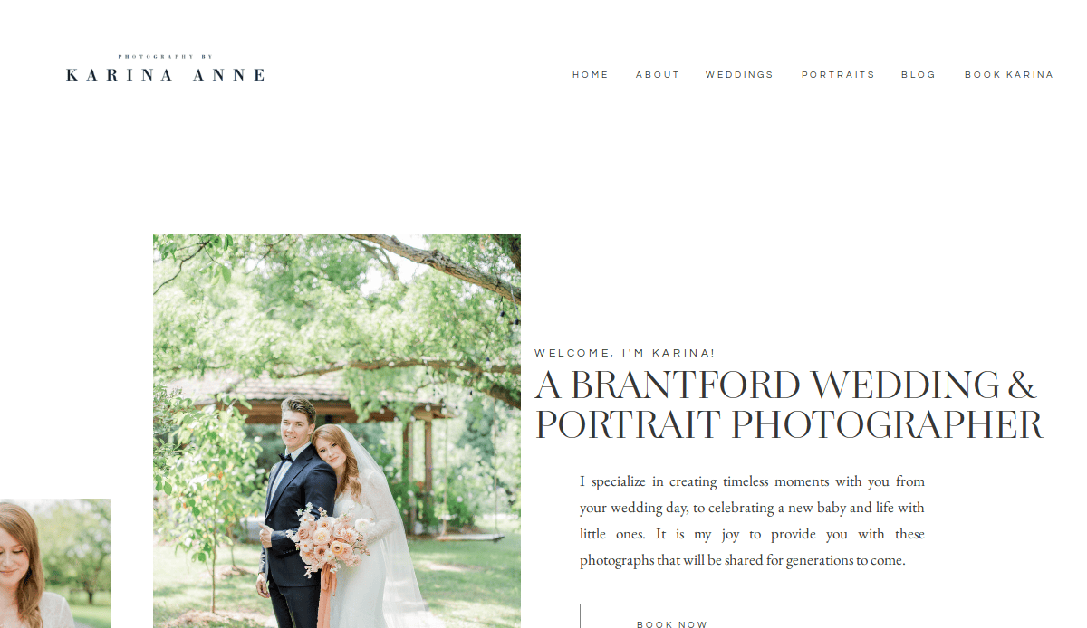 A wedding photographer’s website features a joyful bride and groom outdoors, smiling and holding a bouquet. The text introduces Karina Anne as a Brantford wedding and portrait photographer, perfect for couples seeking the ultimate wedding guide.