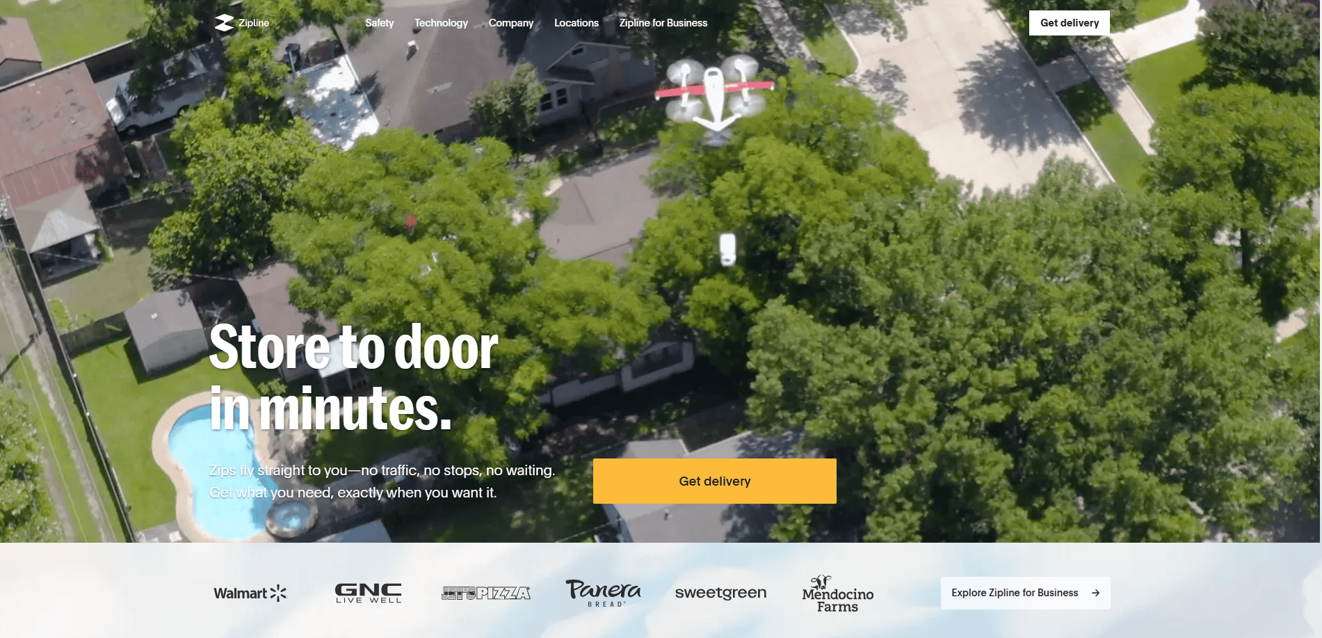 Aerial view of a residential neighborhood with a small delivery drone flying over trees; website overlay text reads Store to door in minutes, showcasing modern transportation services, with a yellow Get delivery button and partner brand logos at the bottom.