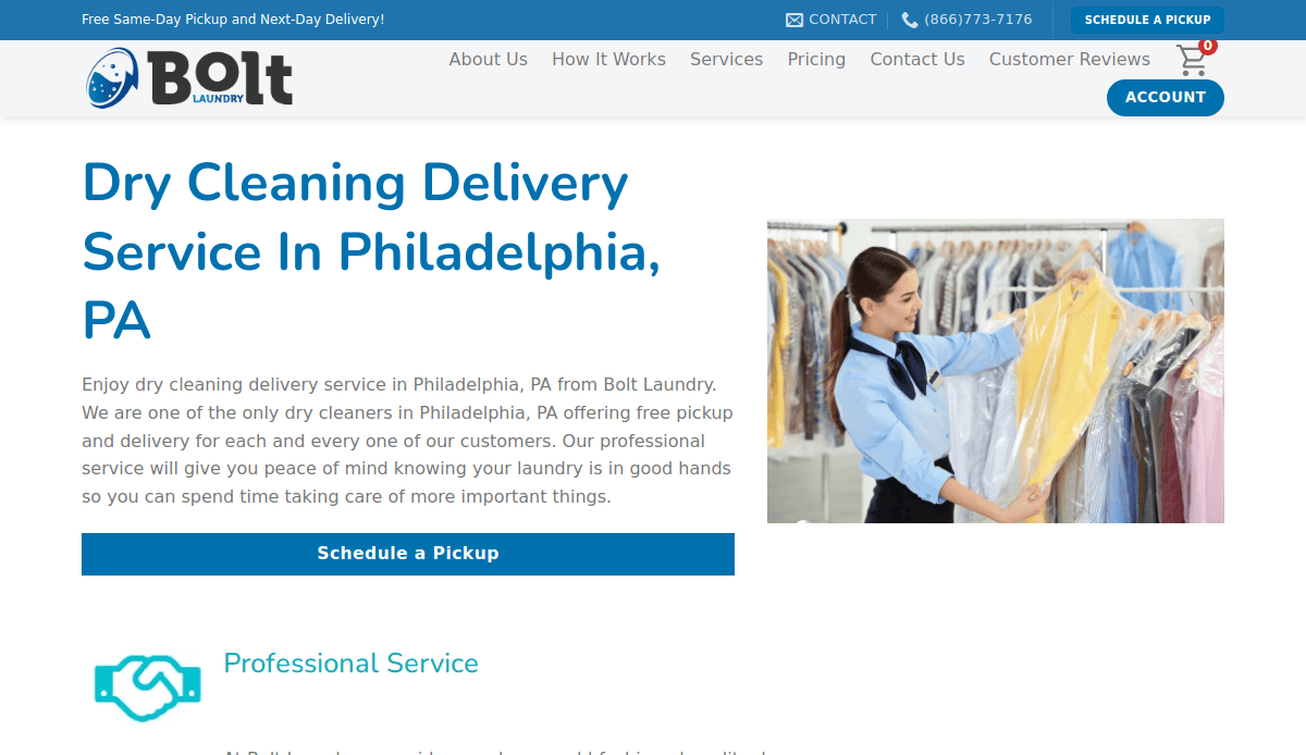 A woman inspects clothes on hangers at a dry cleaning facility. The website features high-converting web design for local service companies in Philadelphia, PA, offering professional care and convenient online scheduling for dry cleaning delivery.