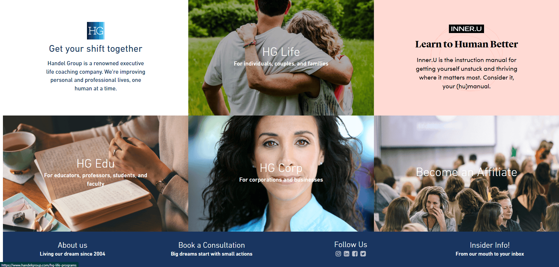 A life coach website homepage with six sections: life coaching for individuals, couples, and families; Learn to Human Better; education services; corporate coaching; becoming an affiliate—perfect to fix losing clients, plus a navigation bar at the bottom.