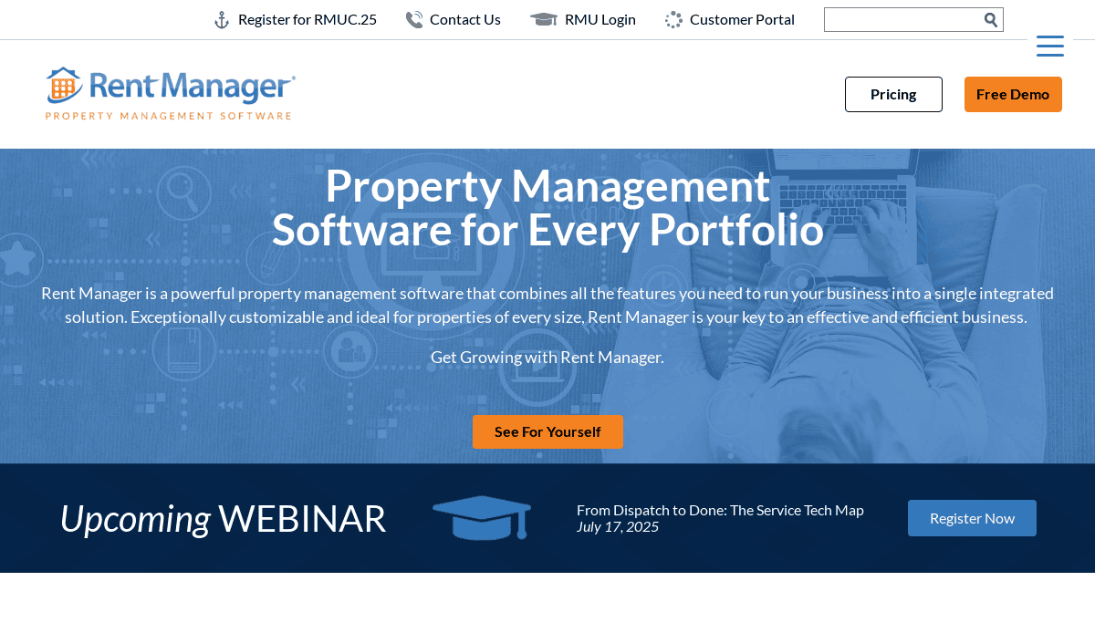 Screenshot of the Rent Manager property management website homepage, highlighting software features, pricing, a free demo, and a banner for the “From Dispatch to Done” webinar on July 17, 2025.