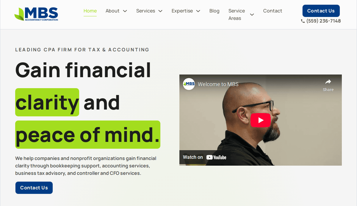 Screenshot of the high-performance MBS Accountancy Corporation CPA website homepage. Text reads “Gain financial clarity and peace of mind.” A YouTube video thumbnail shows a man in profile, with the MBS logo building trust at the top left.