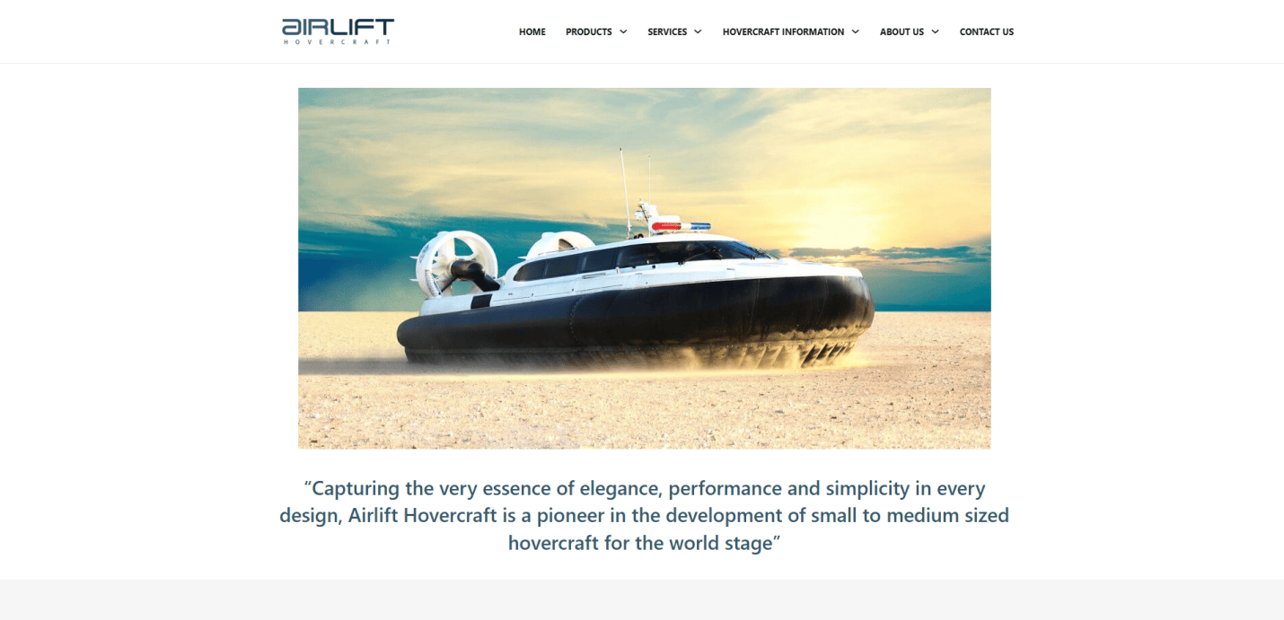 A modern black and white hovercraft glides over sandy terrain under a blue sky, featured on the Airlift Hovercraft manufacturing website. The quote highlights Airlift’s focus on elegant and high-performance hovercraft design.