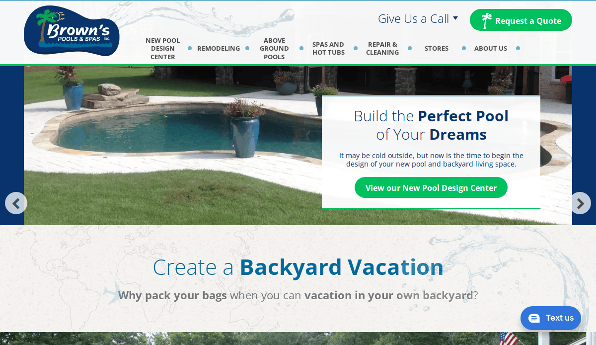 Screenshot of a pool and spa company’s website design, featuring a poolside view, a “Request a Quote” button, navigation menu, and a call-to-action to design your dream pool with the green “View our New Pool Design Center” button.