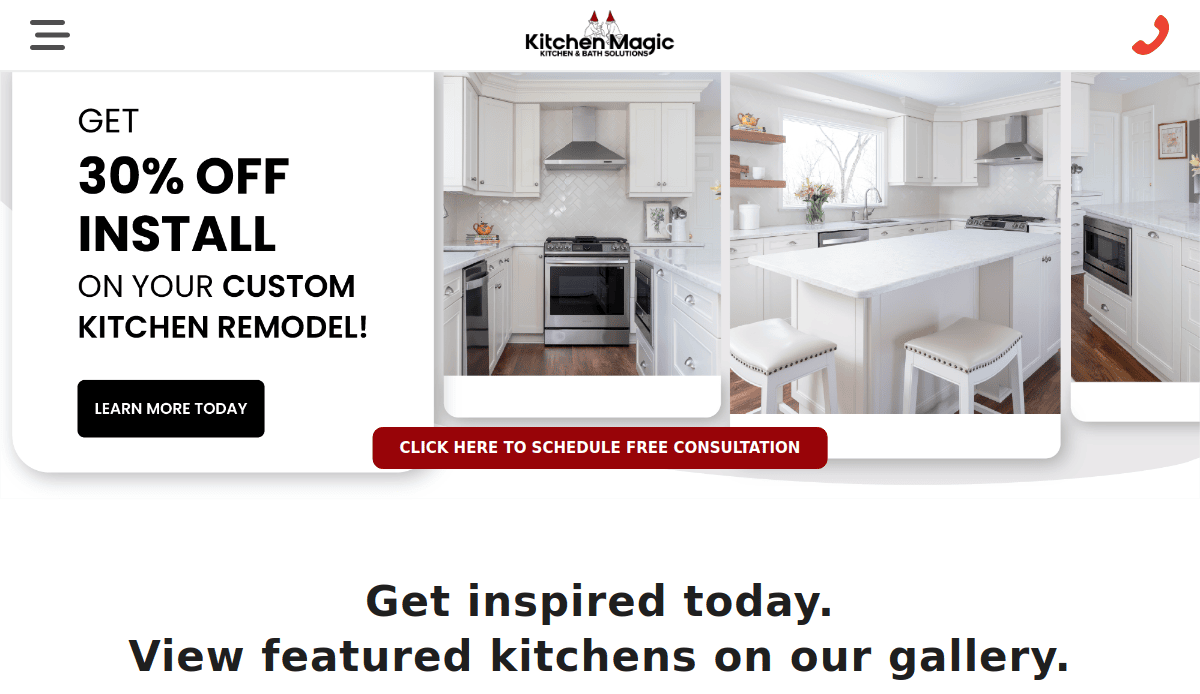 A promotional banner for Kitchen Magic offering 30% off installation on custom kitchen remodeling, with a modern white kitchen photo, promo buttons, and a message to view featured kitchens in their gallery and website design.