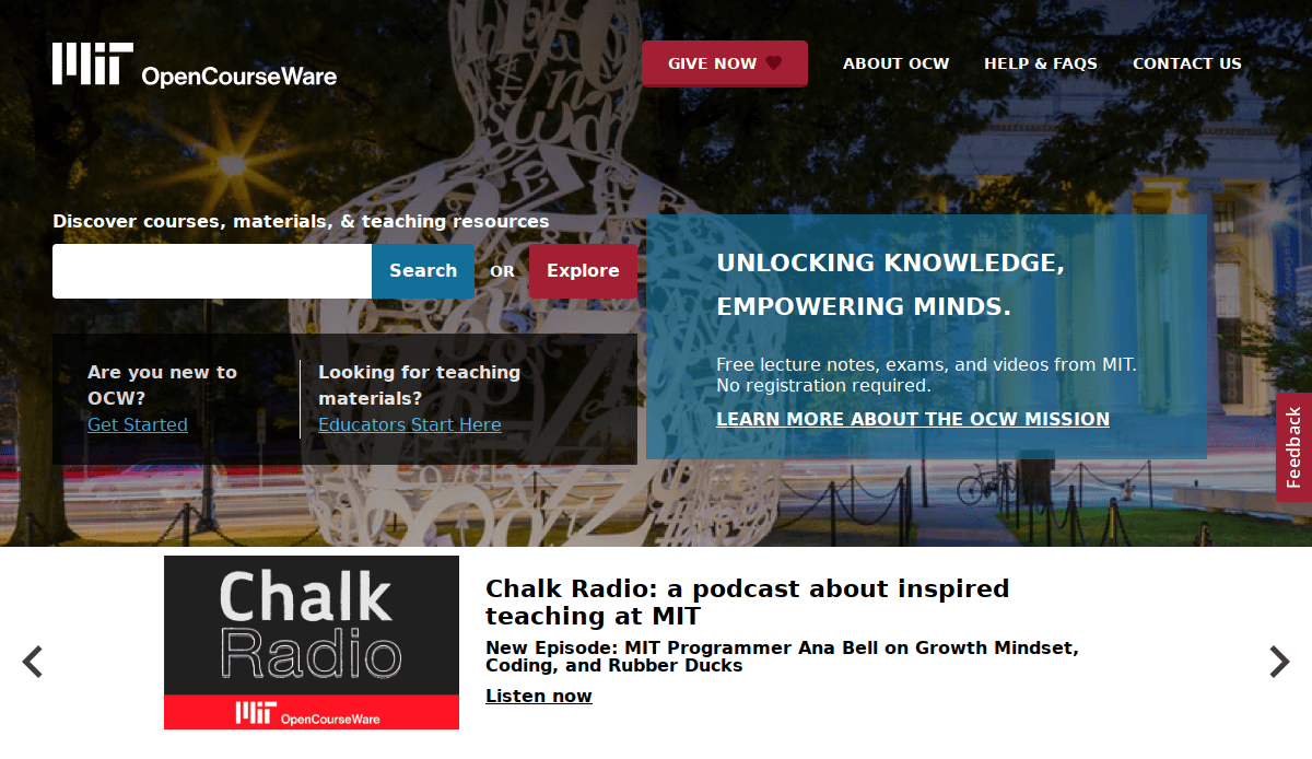 Screenshot of the MIT OpenCourseWare homepage, a user-focused education website design for 2025, featuring a search bar, navigation links, and Chalk Radio podcast section against a backdrop of campus buildings and a white sculpture.