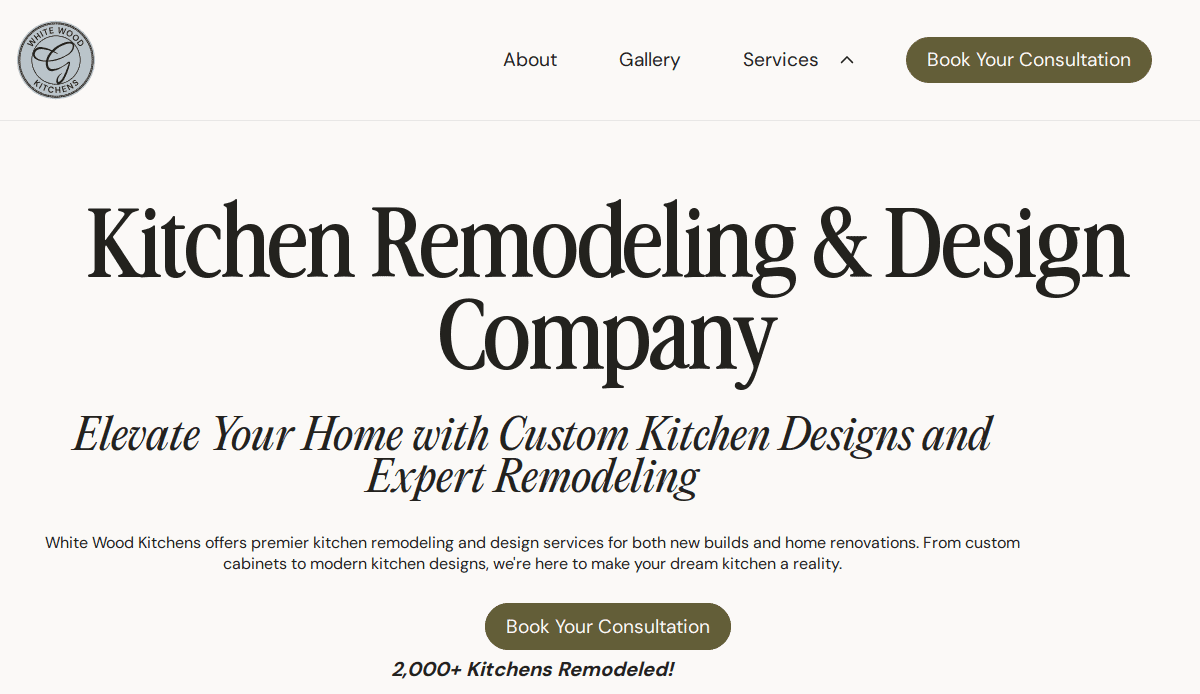 Screenshot of a website for White Wood Kitchens, featuring bold text stating Kitchen Remodeling & Design Company, a description about custom kitchen designs, and buttons to book a consultation. The menu includes About, Gallery, Services, and a detailed kitchen portfolio.