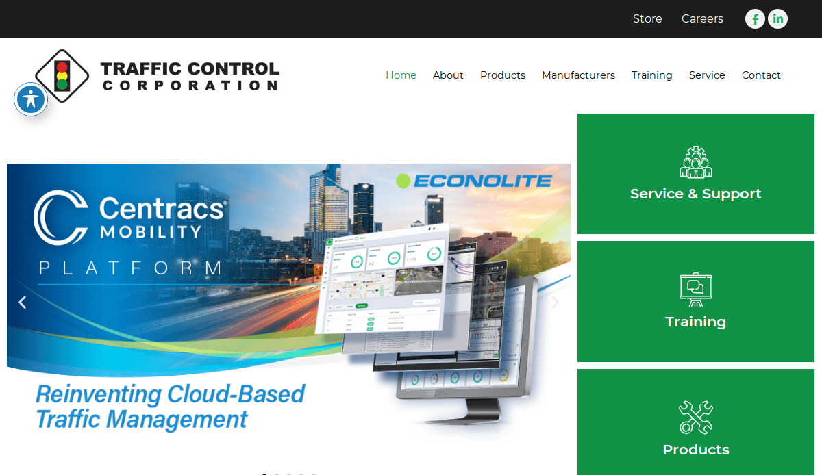 Screenshot of the Traffic Control Corporation transportation website homepage featuring Centrac’s Mobility Platform, navigation menu, and large green buttons for Service & Support, Training, and Products on the right side.
