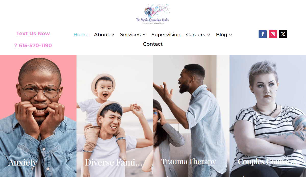 A website banner for a therapist website shows four images: a man with glasses holding his head (Anxiety), a smiling father and child (Diverse Families), a man gesturing while speaking (Trauma Therapy), and a serious woman (Couples Counseling).