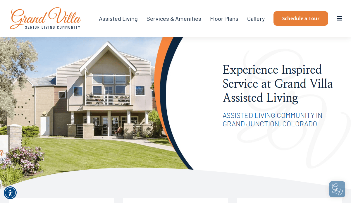 Screenshot of Grand Villa Senior Living Community website showcasing modern website design, a large building, manicured lawn, and text promoting assisted living services in Grand Junction, Colorado. Menu options and Schedule a Tour button are visible.
