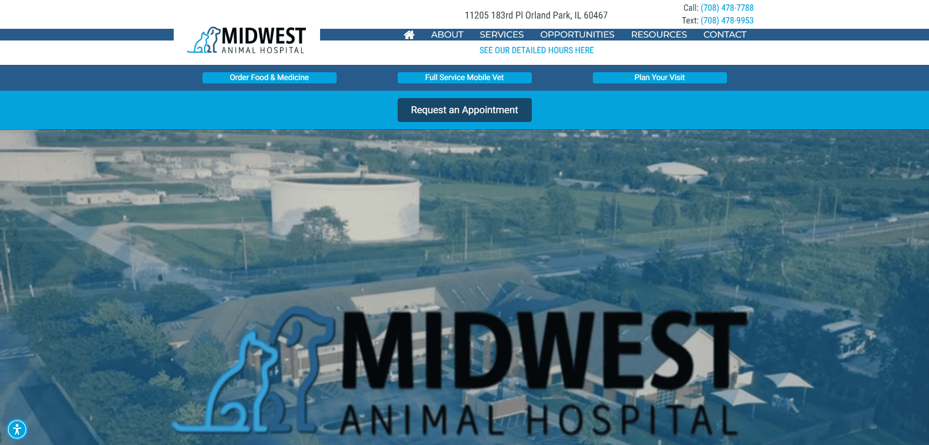 Homepage of Midwest Animal Hospital’s website features a blue header, intuitive navigation buttons, contact details, and a background image of the hospital exterior—an example of web design tailored for local service companies. The logo and name stand out prominently.