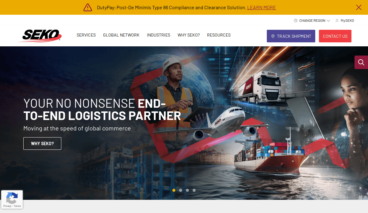 SEKO Logistics homepage features a high-performing logistics site design, overlaying a shipping port, businesswoman with headset, airplane, and digital data to highlight global logistics services. Menu and contact buttons are visible at the top.