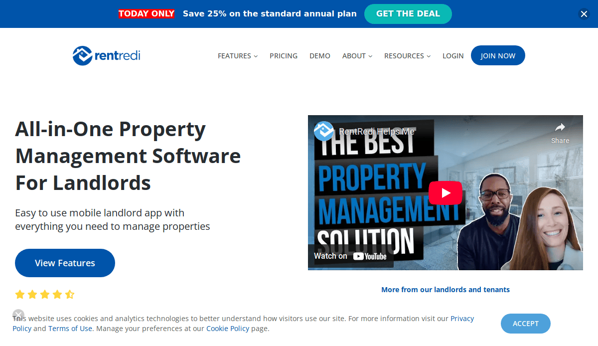 Screenshot of RentRedi’s property management website design featuring a banner ad for 25% off, navigation menu, “All-in-One Property Management Software for Landlords” headline, YouTube video, and a 4-star rating.