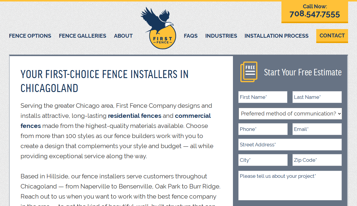 Screenshot of a Fence Service Website for First Fence Company, highlighting residential and commercial fencing in Chicagoland. A form on the right helps their salesperson connect with you to start making the sale with a free estimate.