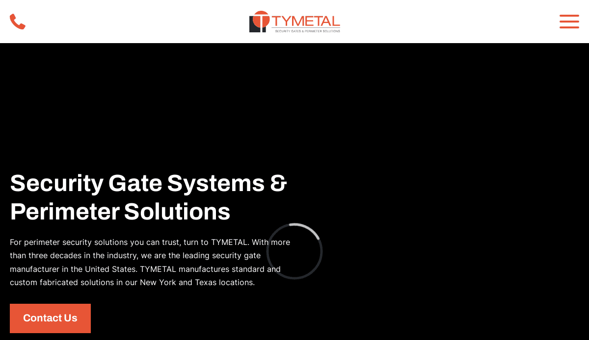 Screenshot of the TYMETAL manufacturing website homepage, featuring a black background with white text promoting security gate systems and perimeter solutions. The TYMETAL logo tops the page, with a red Contact Us button visible.