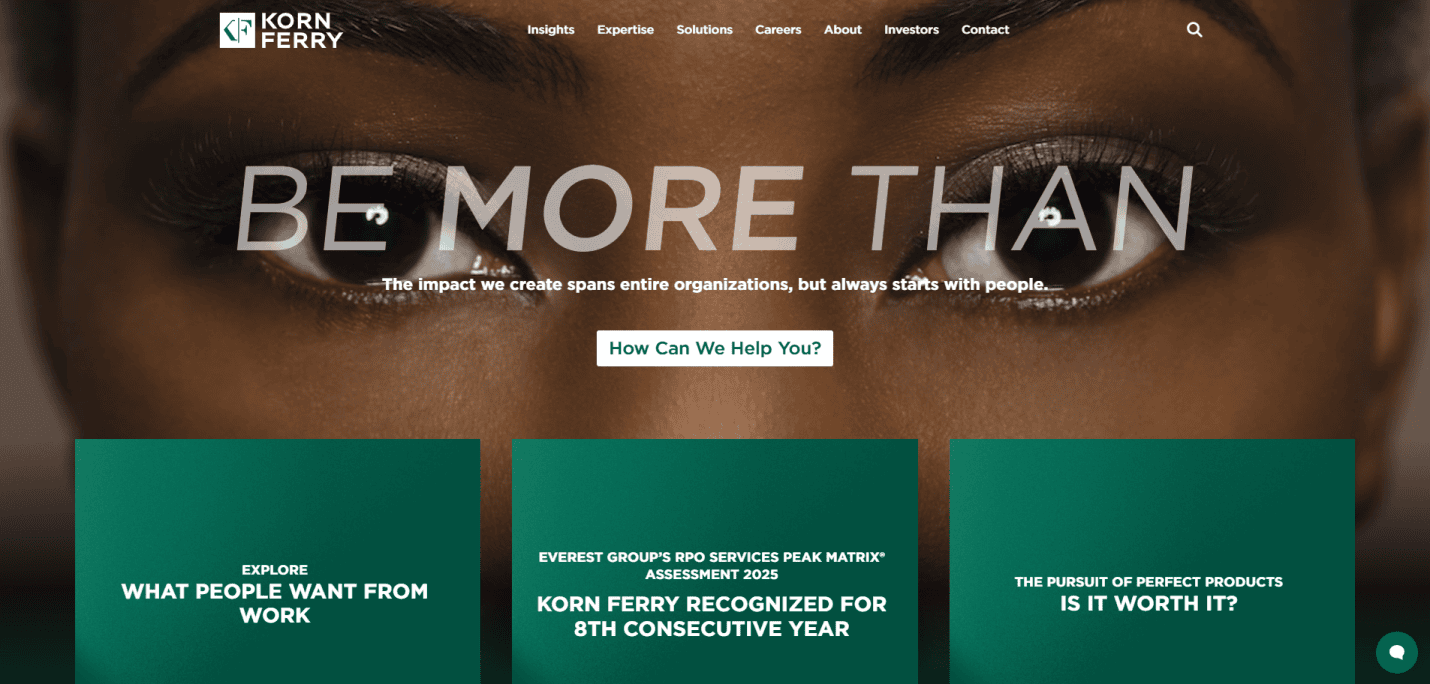 Close-up of a persons eyes with the words BE MORE THAN overlaid. The Korn Ferry logo and navigation links crown a recruitment agency website design, featuring green content boxes with articles and achievements.