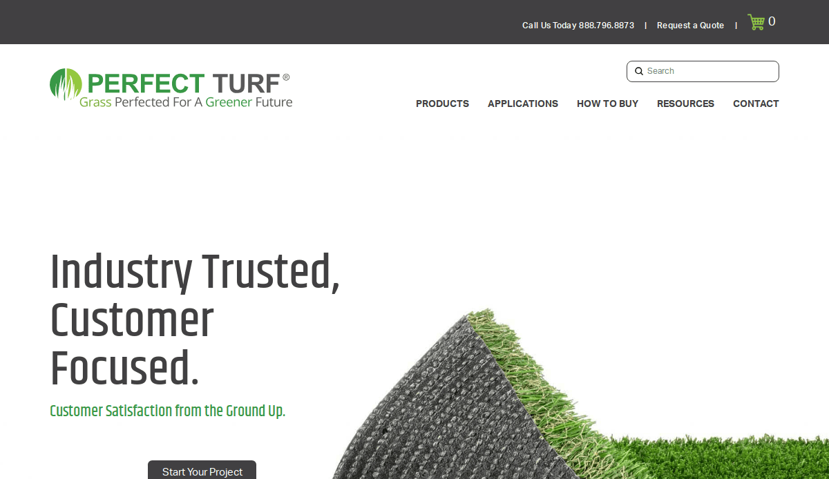 Screenshot of the Perfect Turf landscaping website homepage featuring an artificial grass image, company logo, navigation menu, and the tagline Industry Trusted, Customer Focused. Customer Satisfaction from the Ground Up. Ideal for your landscape design needs.