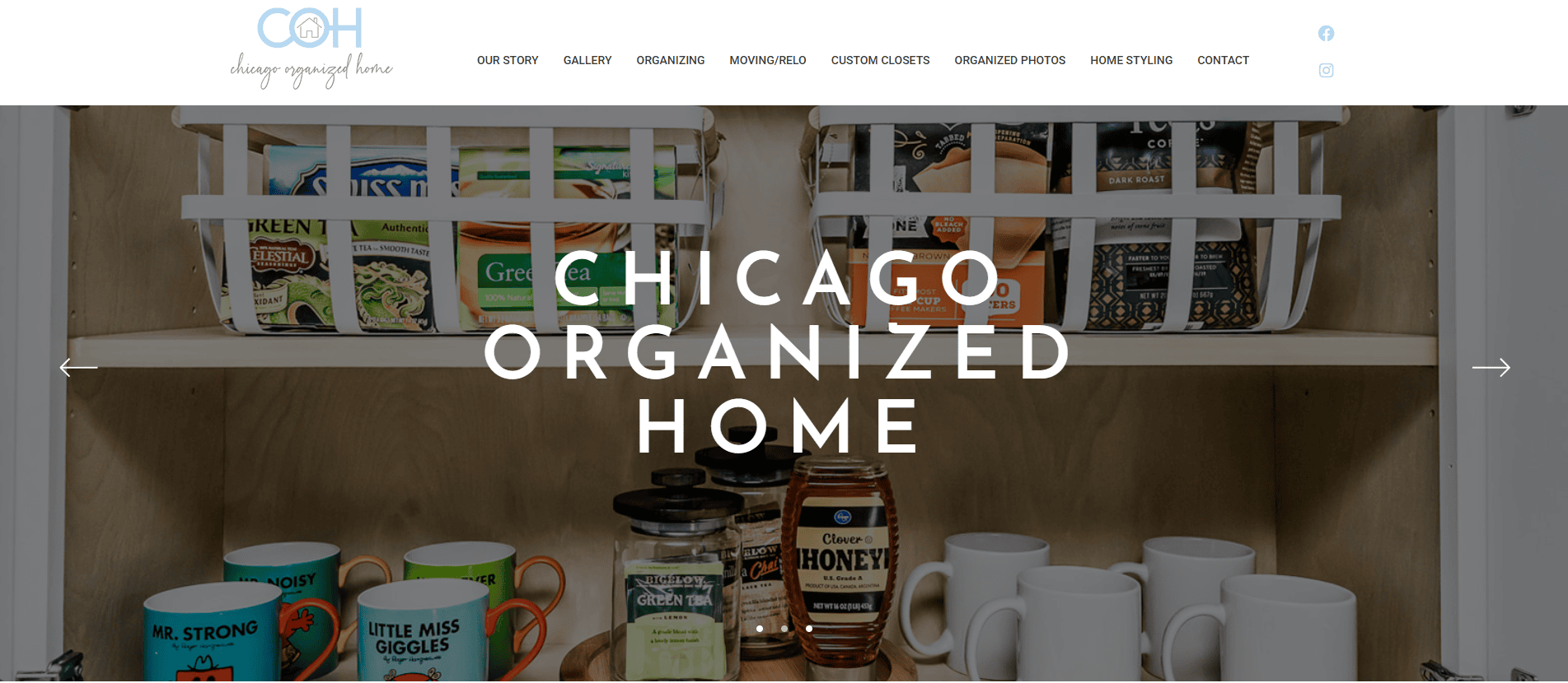 An organized kitchen cabinet with neatly arranged tea, coffee, mugs, and jars in white storage baskets—styled by expert home organizers. The text Chicago Organized Home is overlaid in large letters.