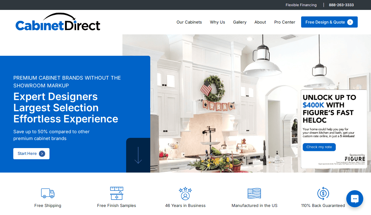 A screenshot of the CabinetDirect website homepage shows a modern white kitchen from their kitchen portfolio, a blue info box about expert designers, a special offer pop-up, and navigation links. Icons below highlight free shipping, free samples, and other benefits.