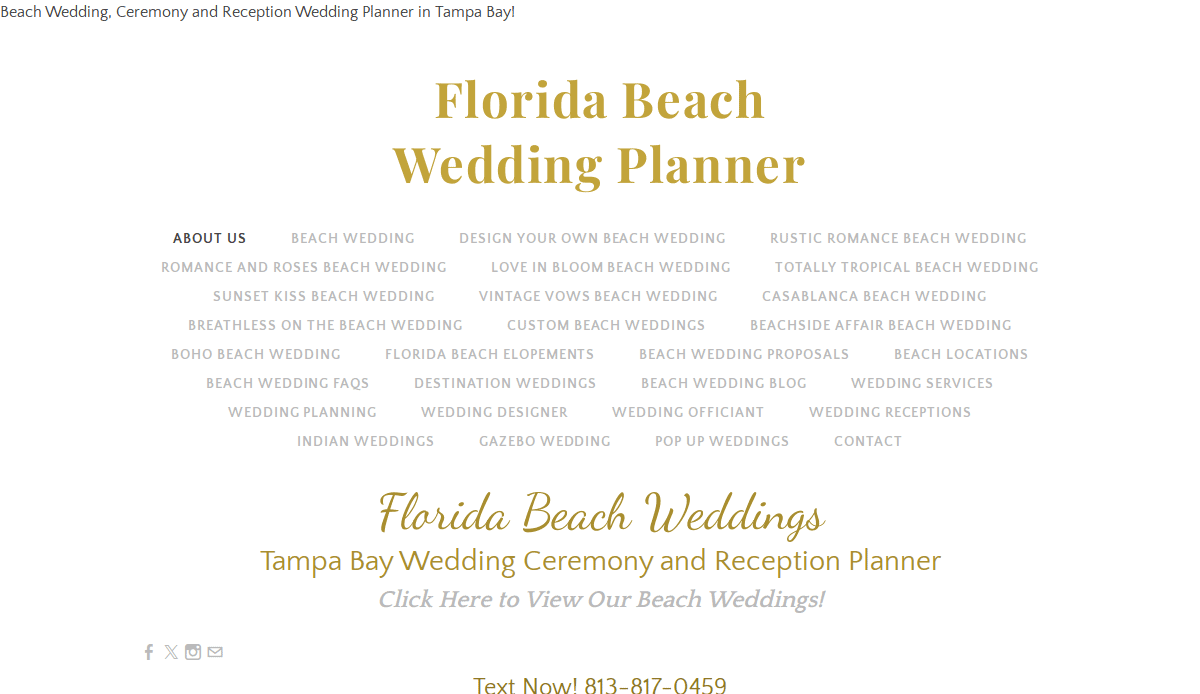Website homepage for Florida Beach Wedding Planner, featuring the business name in large gold text, a navigation menu of wedding-related services, and contact info at the bottom—perfect for those seeking wedding website inspiration.